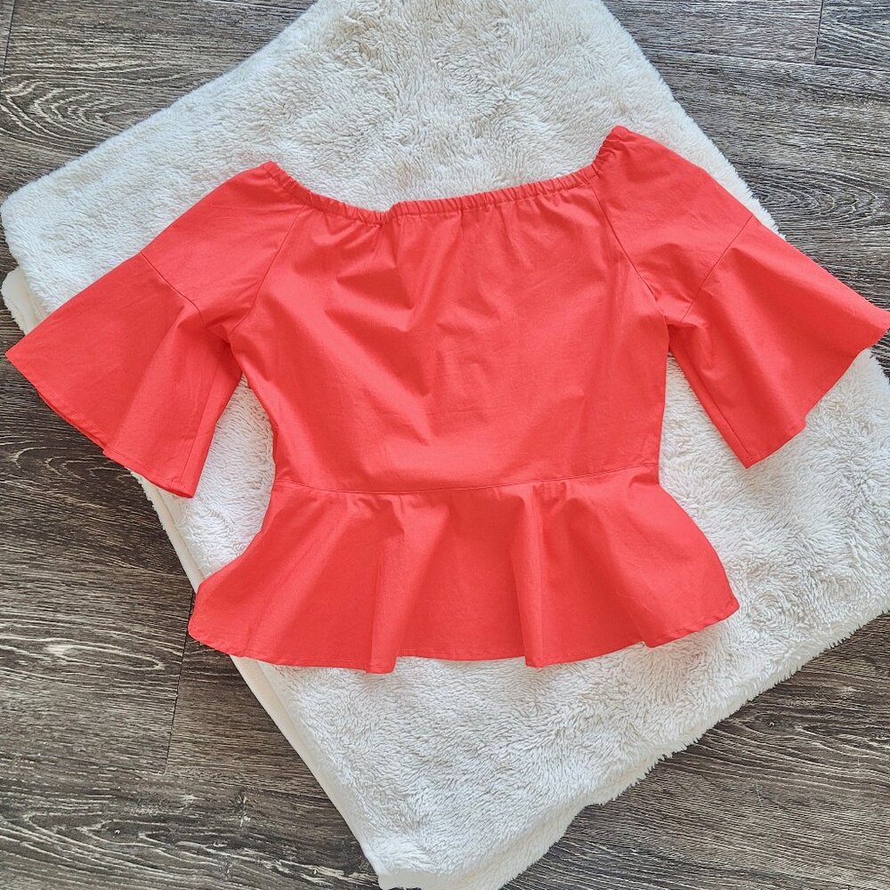 Club Monaco Ulmera Off The Shoulder Peplum Top in Papaya Red Sz 0 - Picture 6 of 11